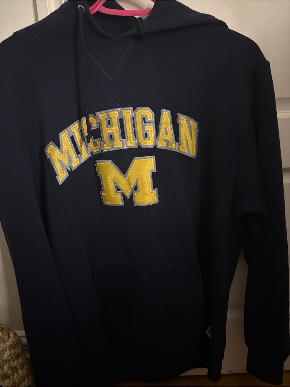 Michigan Logo Navy Hoodie with Yellow Appliqué